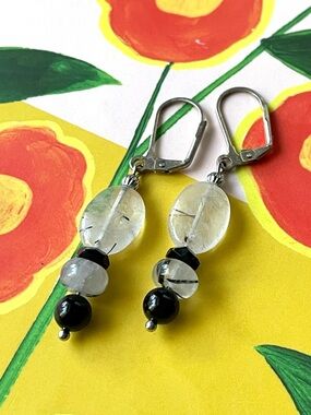 Artisan style polished stone dangle leverback earrings rutilated quartz? boho